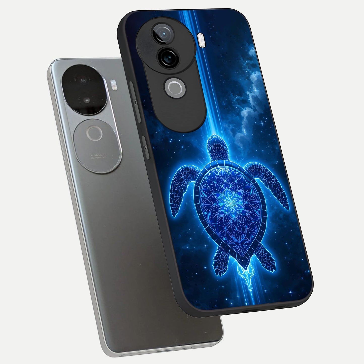  Blue Galaxy Turtle phone case for iQOO Z9s showing premium glass back cover with detailed artwork