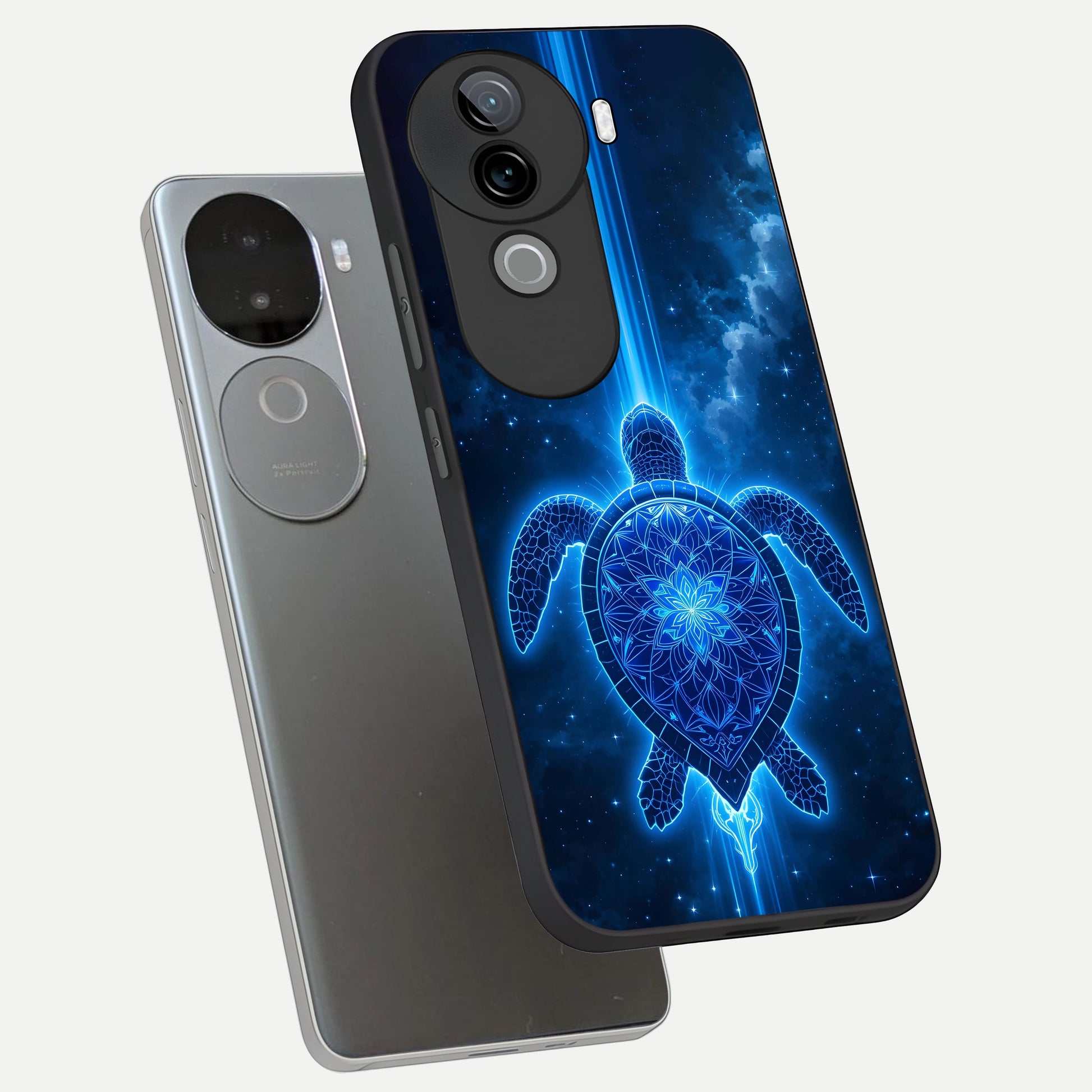  Blue Galaxy Turtle phone case for iQOO Z9s showing premium glass back cover with detailed artwork