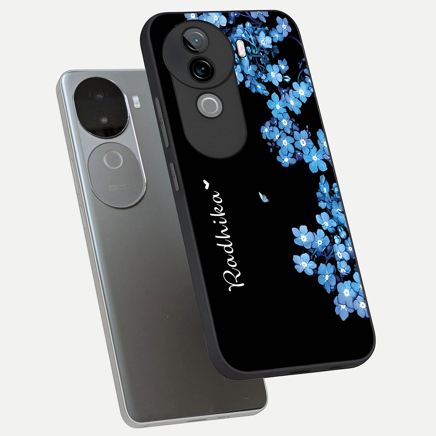  Blue Petal Dream Custom Name phone case for iQOO Z9s showing premium glass back cover with detailed artwork