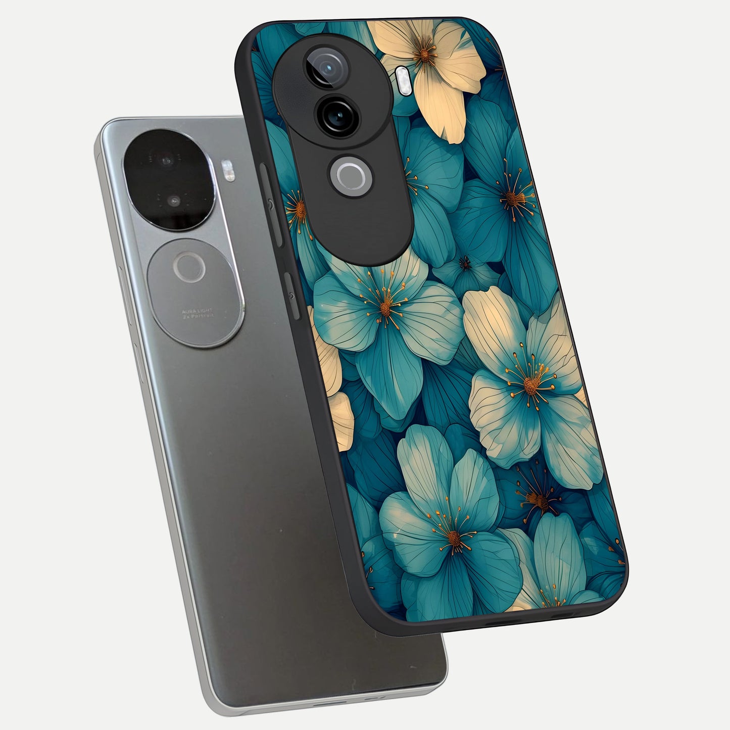  Blue Shade Floral phone case for iQOO Z9s showing premium glass back cover with detailed artwork