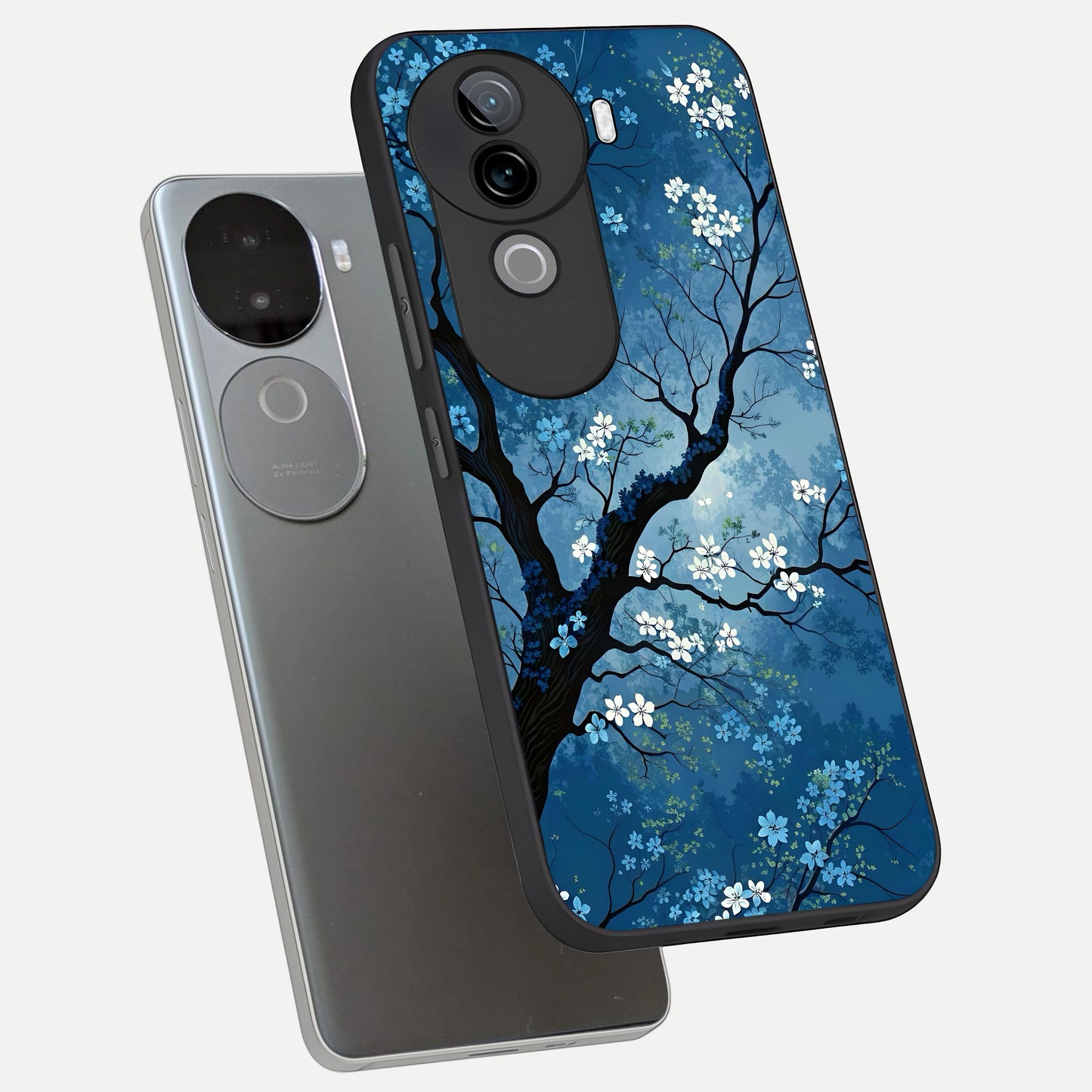  Blue Tree Serenity phone case for iQOO Z9s showing premium glass back cover with detailed artwork