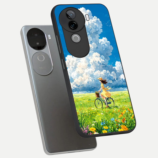  Breezy Meadow Ride phone case for iQOO Z9s showing premium glass back cover with detailed artwork
