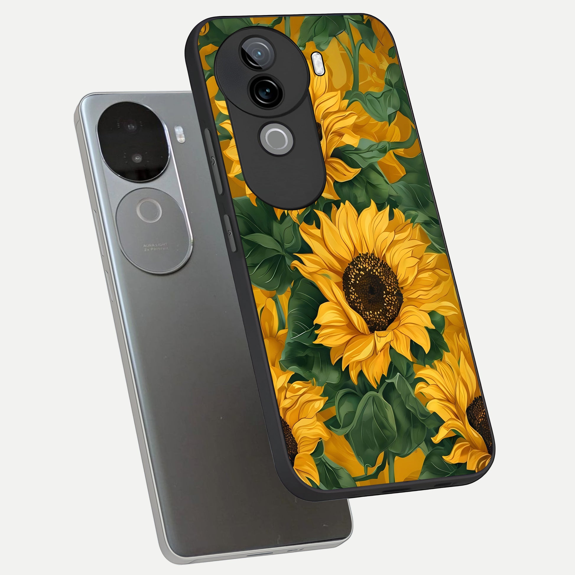  Bright Sunflower Bloom phone case for iQOO Z9s showing premium glass back cover with detailed artwork