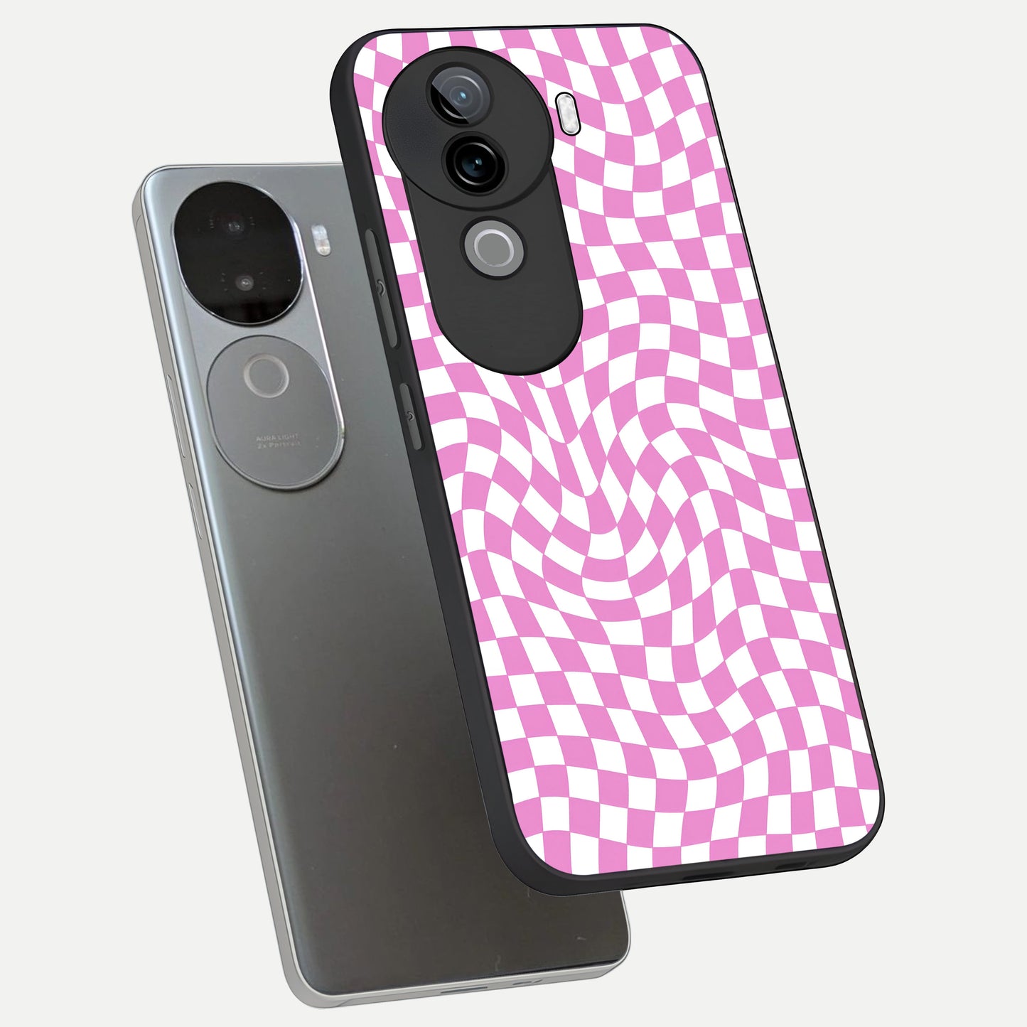  Bubblegum Check Wave phone case for iQOO Z9s showing premium glass back cover with detailed artwork