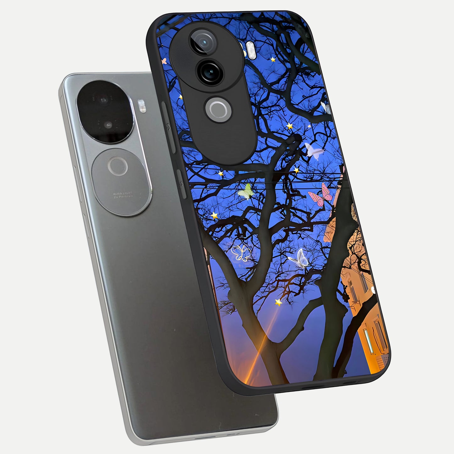  Butterfly Night Magic phone case for iQOO Z9s showing premium glass back cover with detailed artwork