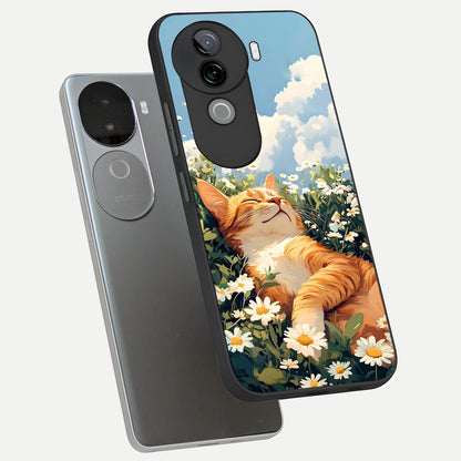  Cat And Flowers View phone case for iQOO Z9s showing premium glass back cover with detailed artwork