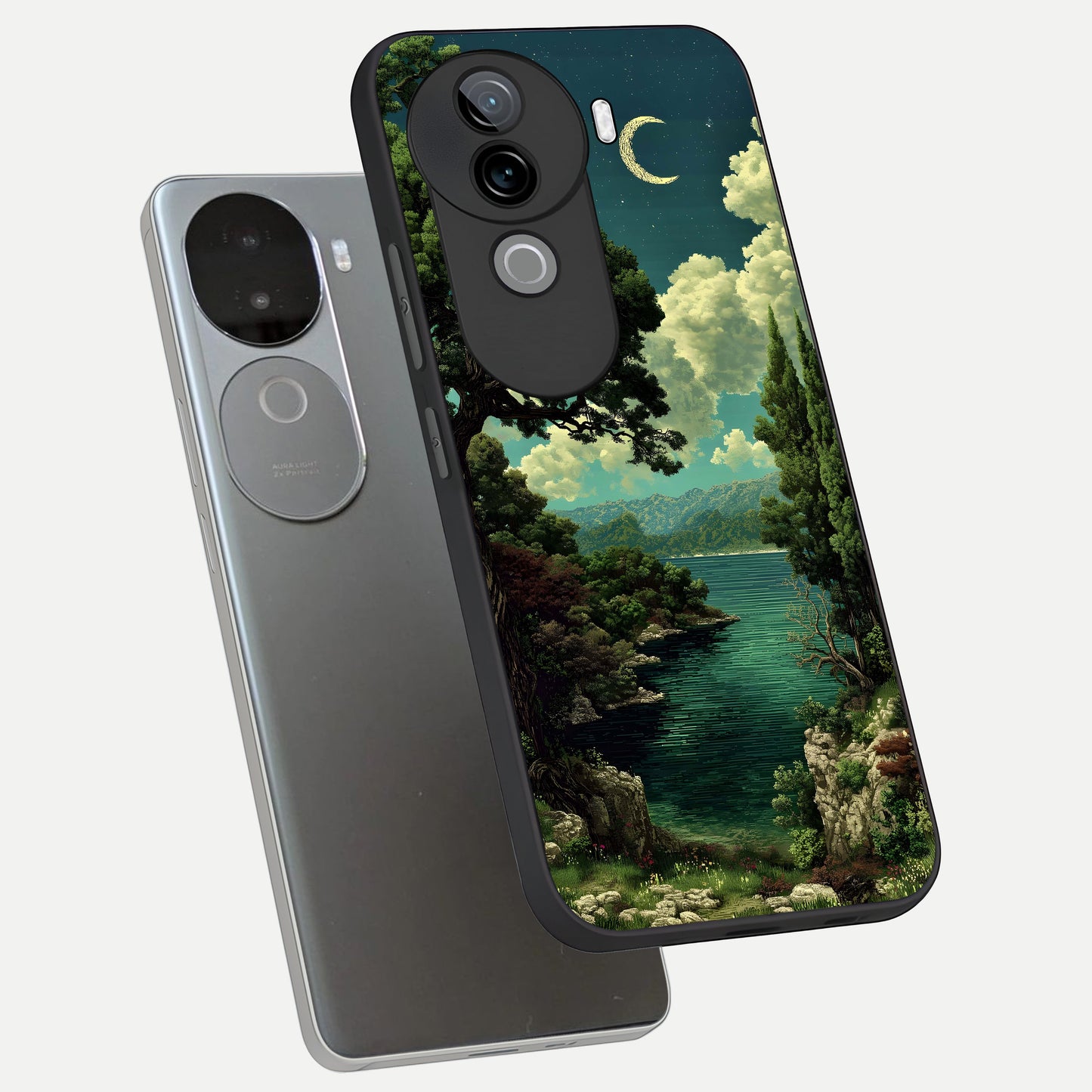  Celestial Lake Peace phone case for iQOO Z9s showing premium glass back cover with detailed artwork