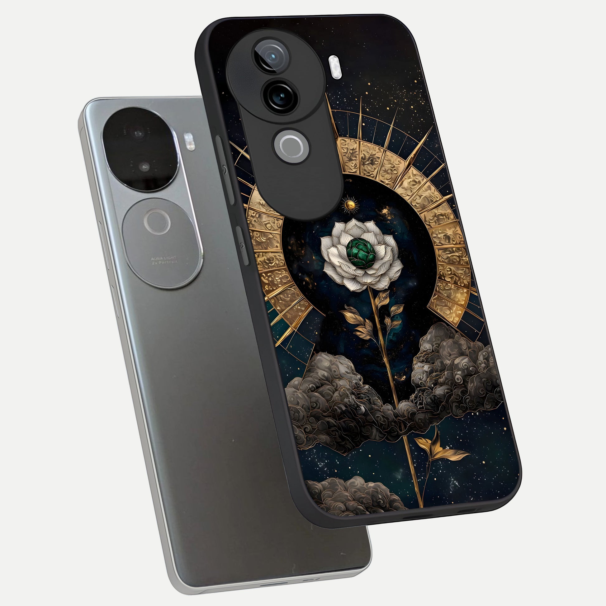  Celestial Lotus Morang phone case for iQOO Z9s showing premium glass back cover with detailed artwork