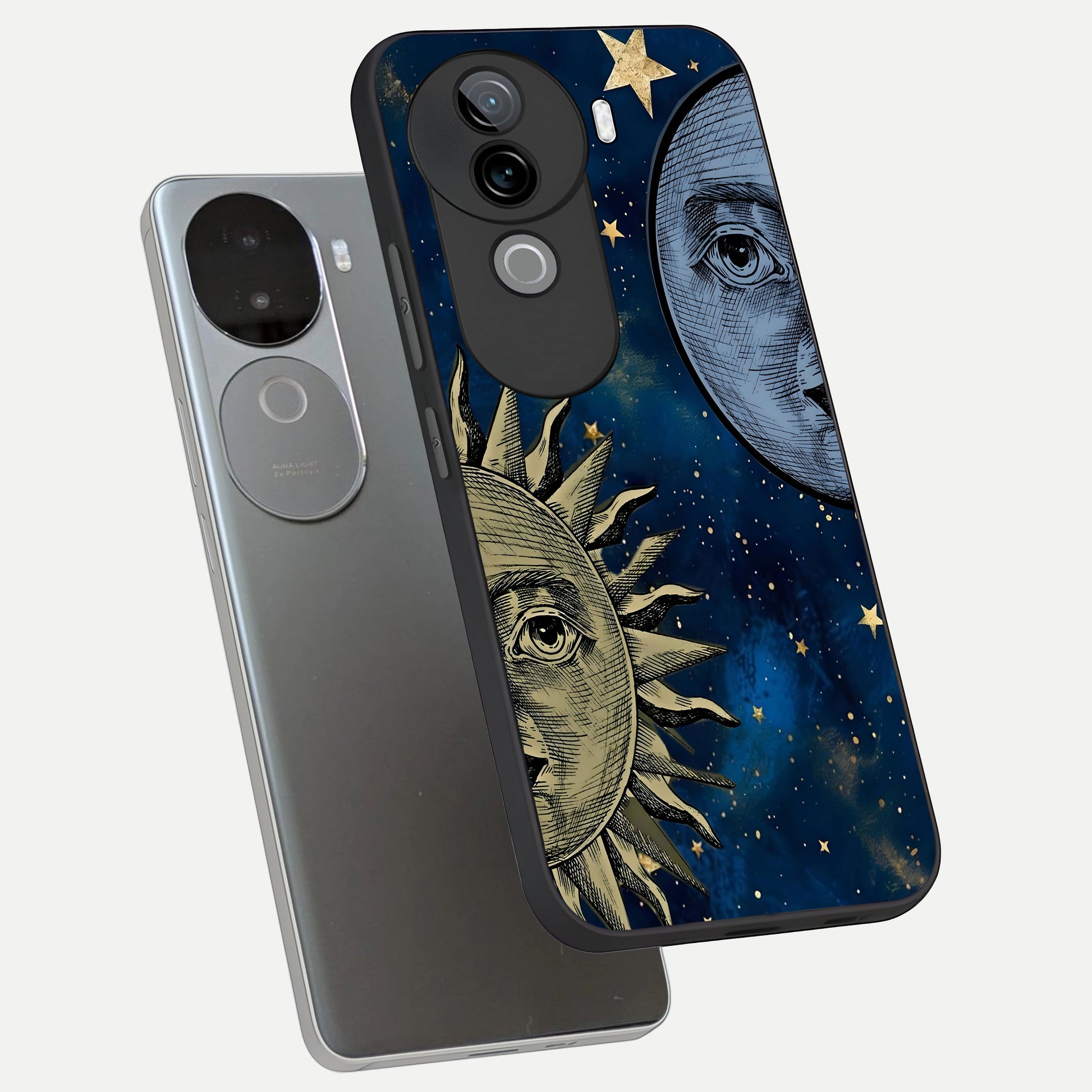  Celestial Moon With Sun phone case for iQOO Z9s showing premium glass back cover with detailed artwork