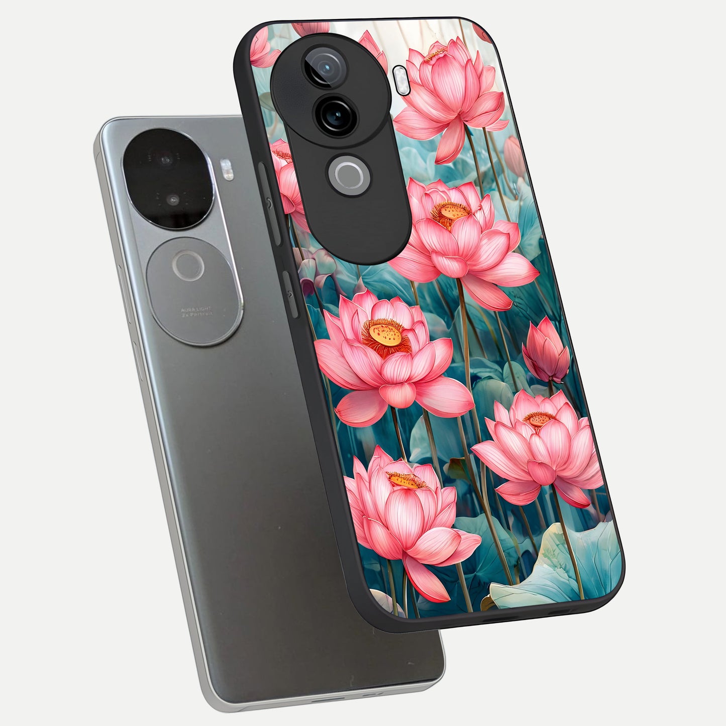  Celestial Pink Lotus phone case for iQOO Z9s showing premium glass back cover with detailed artwork
