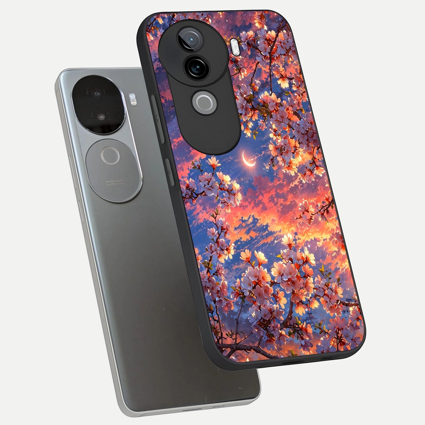  Celestial Sakura Sunset phone case for iQOO Z9s showing premium glass back cover with detailed artwork