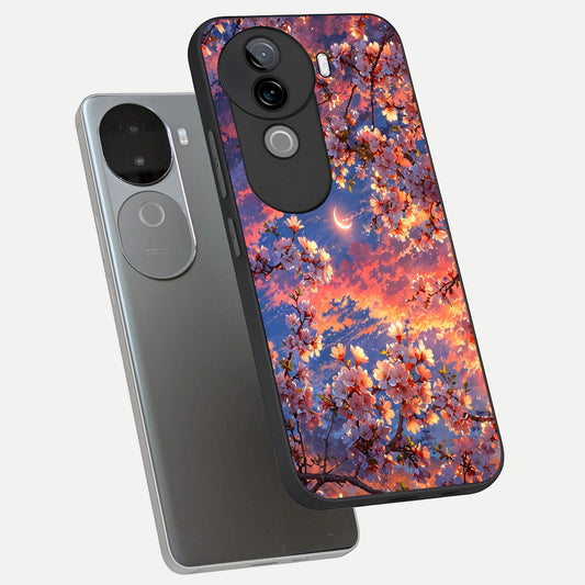  Celestial Sakura Sunset phone case for iQOO Z9s showing premium glass back cover with detailed artwork
