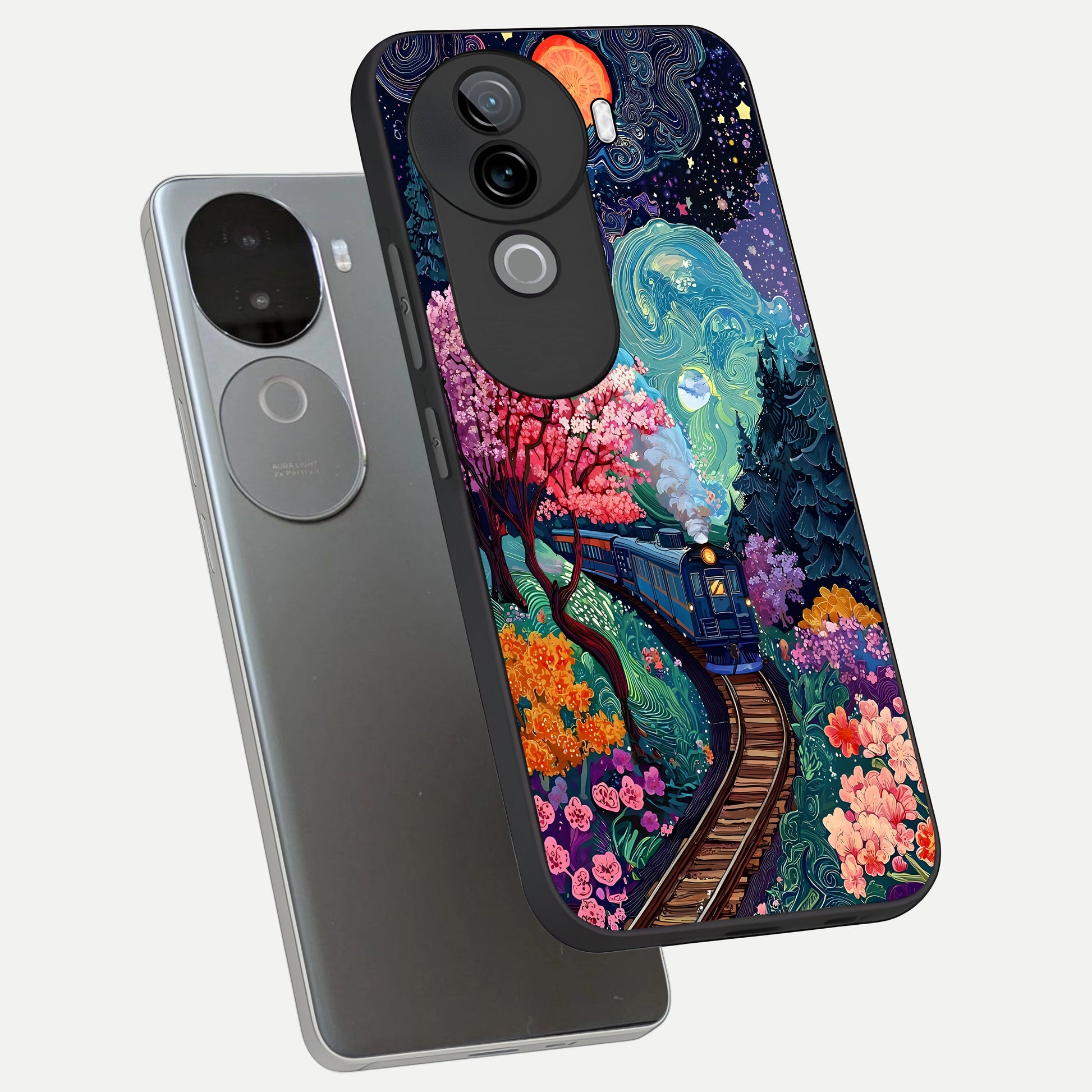  Celestial Train Journey phone case for iQOO Z9s showing premium glass back cover with detailed artwork
