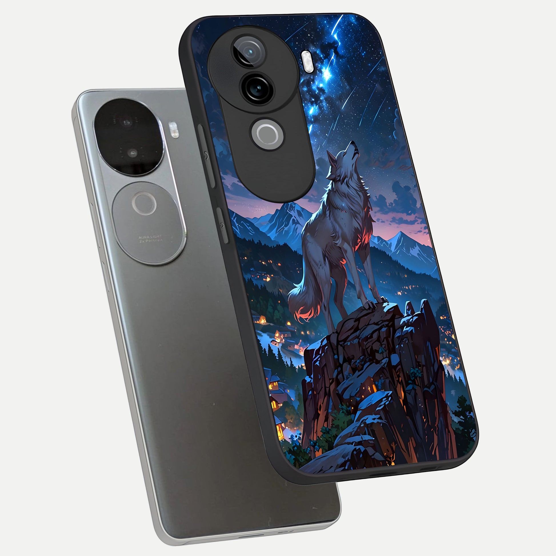  Celestial Wolf Howl phone case for iQOO Z9s showing premium glass back cover with detailed artwork
