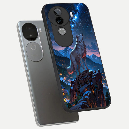  Celestial Wolf Howl phone case for iQOO Z9s showing premium glass back cover with detailed artwork