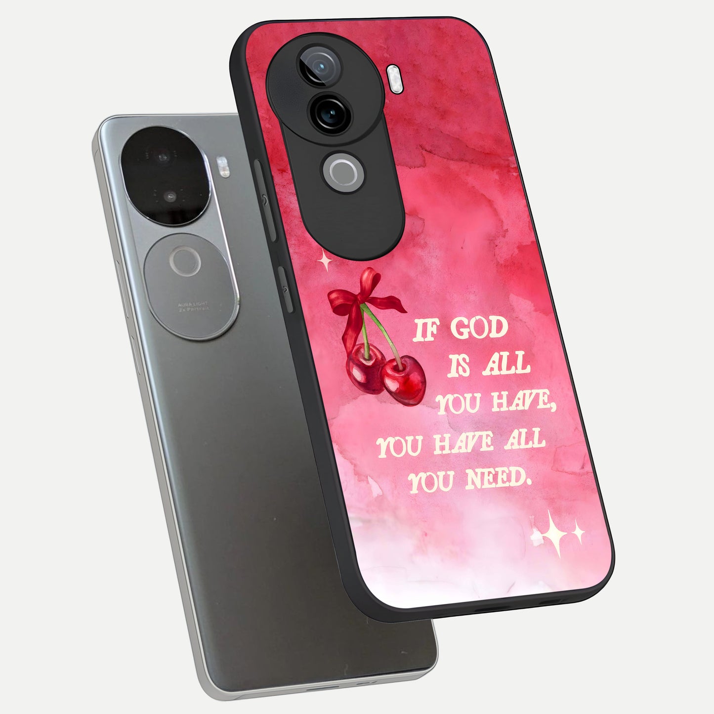  Cherry Quote phone case for iQOO Z9s showing premium glass back cover with detailed artwork