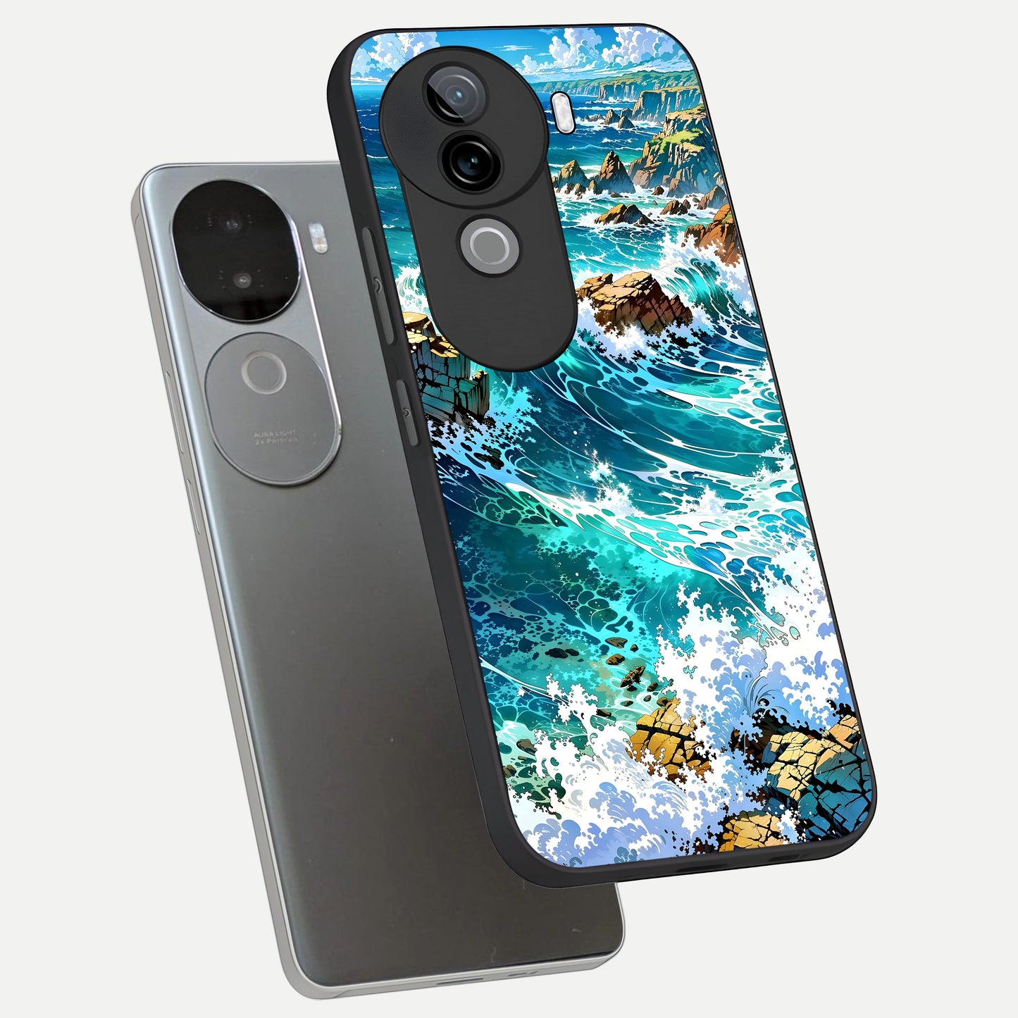  Coastal Blue Waves phone case for iQOO Z9s showing premium glass back cover with detailed artwork