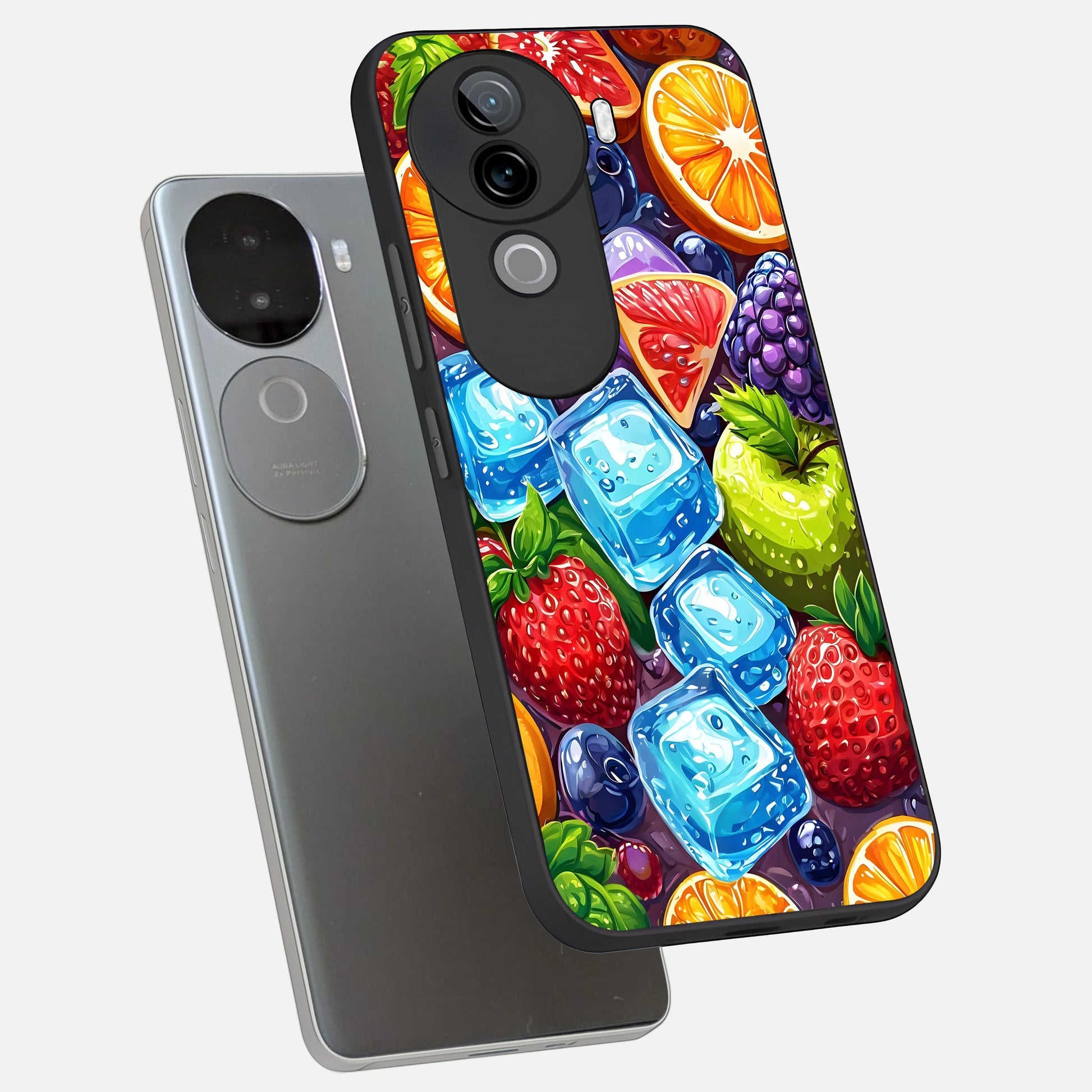  Colorful Fruits with Ice phone case for iQOO Z9s showing premium glass back cover with detailed artwork