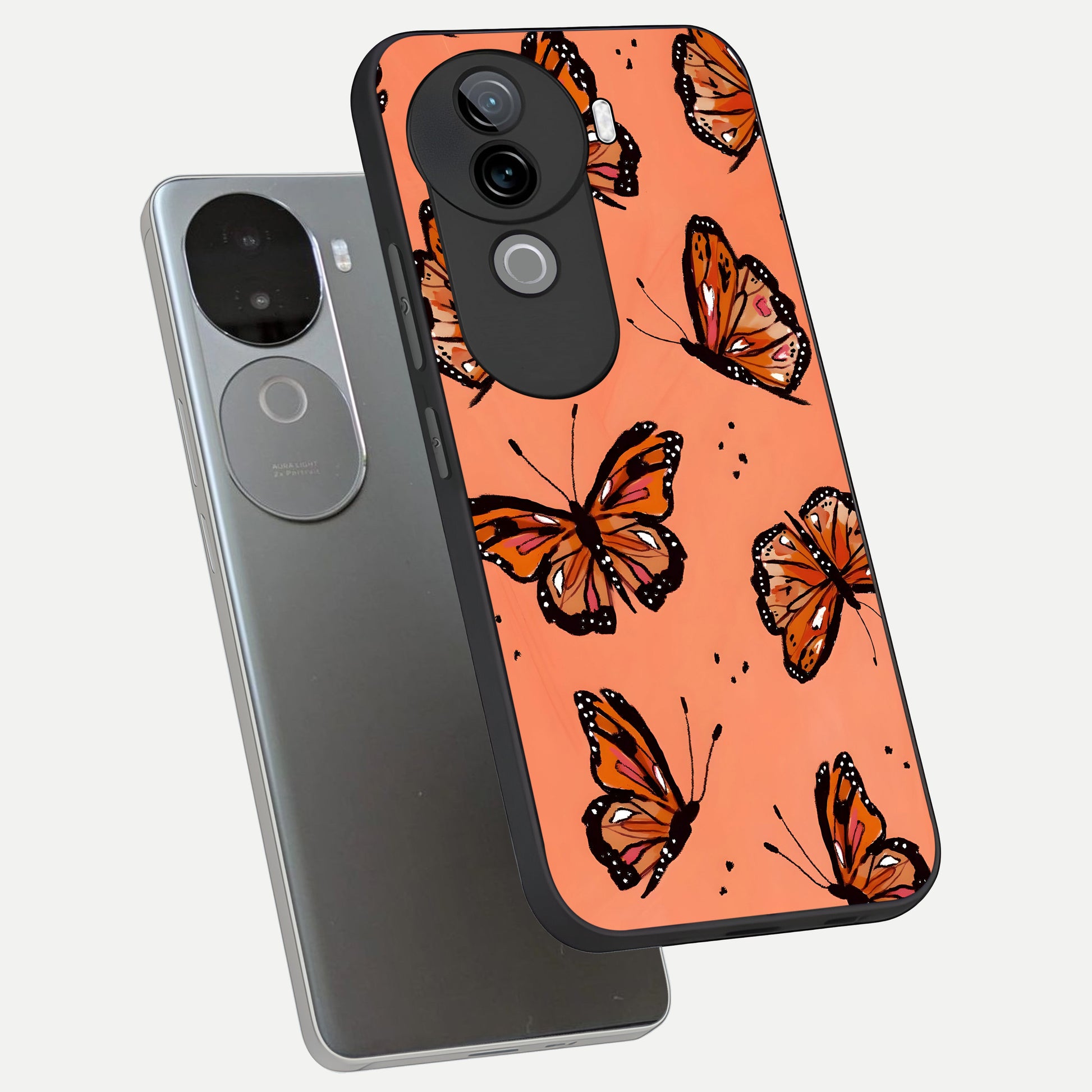  Coral Wing Butterfly phone case for iQOO Z9s showing premium glass back cover with detailed artwork