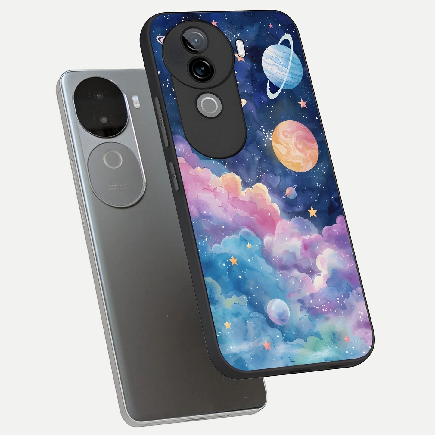  Cosmic Planet Dreams phone case for iQOO Z9s showing premium glass back cover with detailed artwork