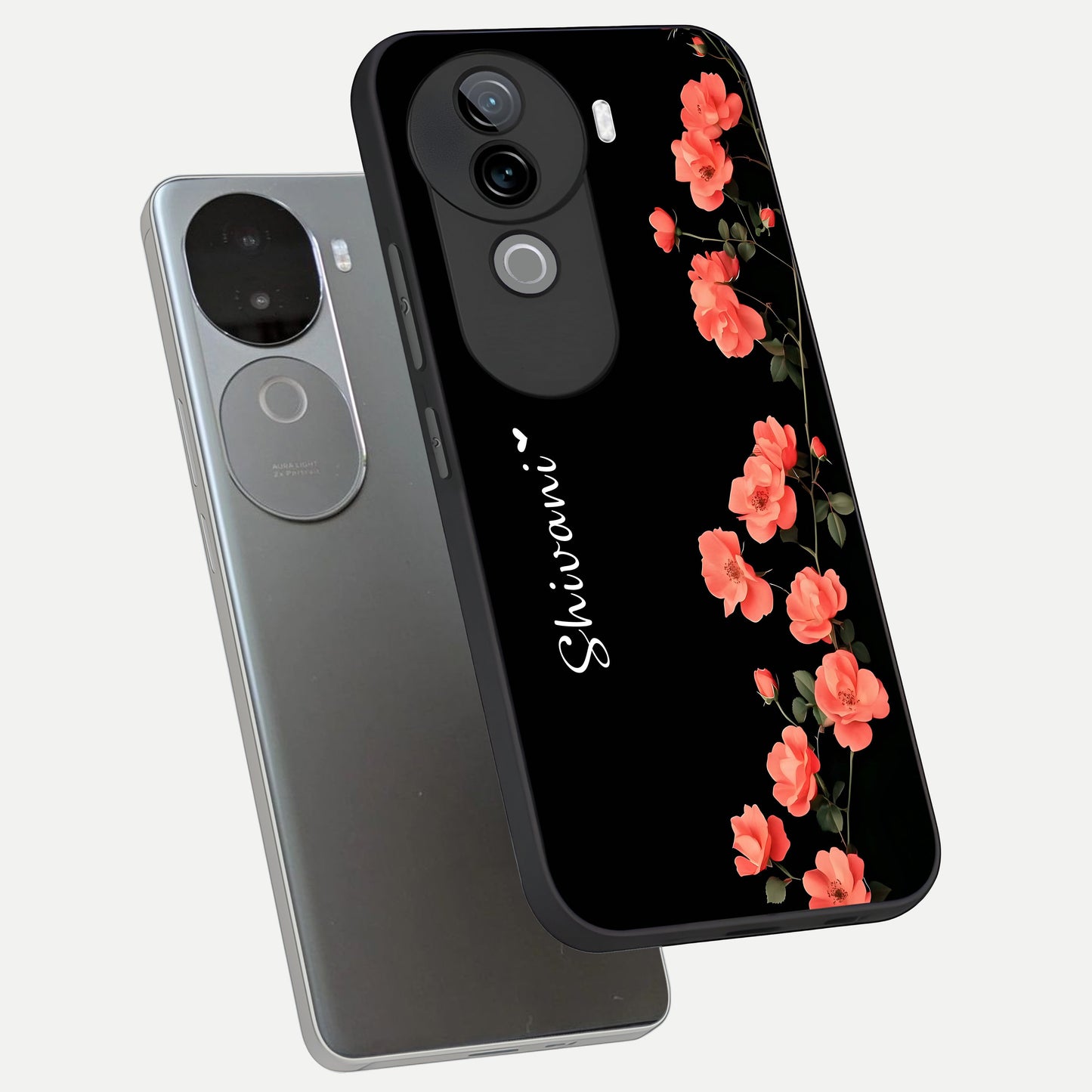  Crimson Bloom Grace Custom Name phone case for iQOO Z9s showing premium glass back cover with detailed artwork