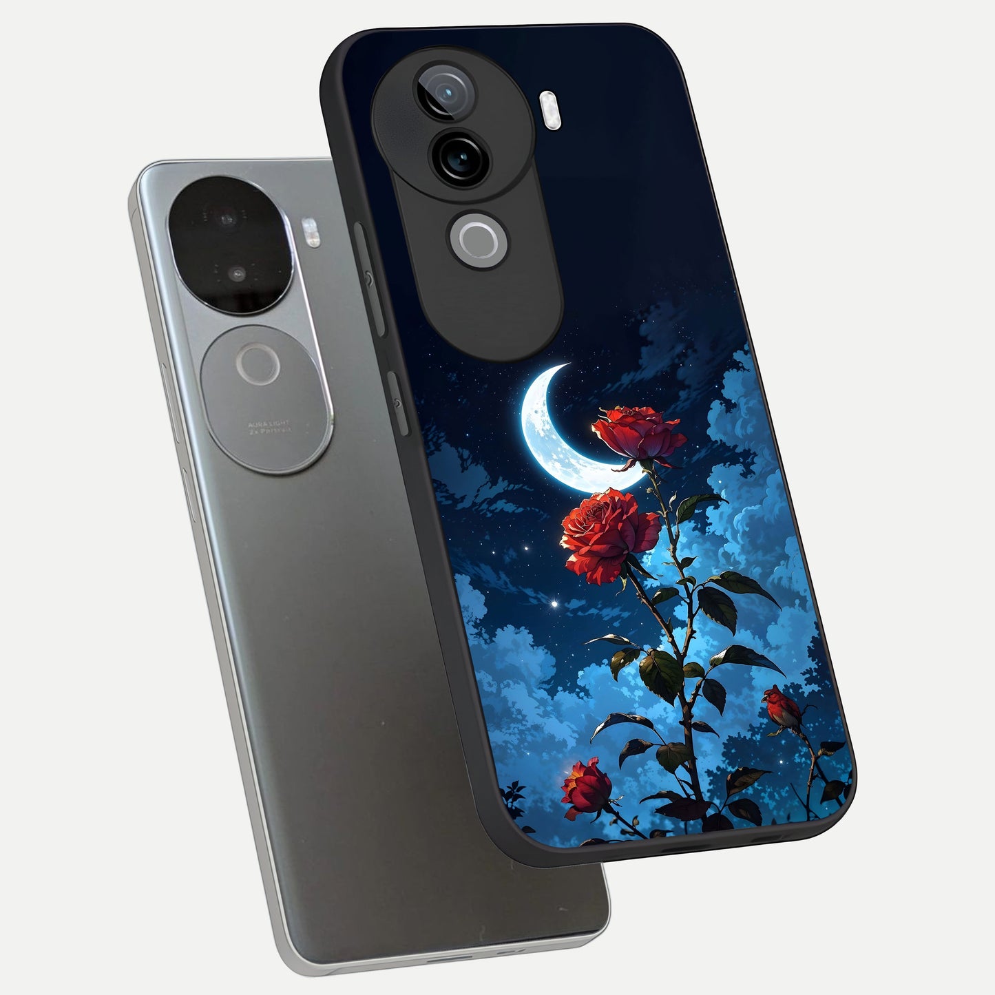  Crimson Rose Moon phone case for iQOO Z9s showing premium glass back cover with detailed artwork