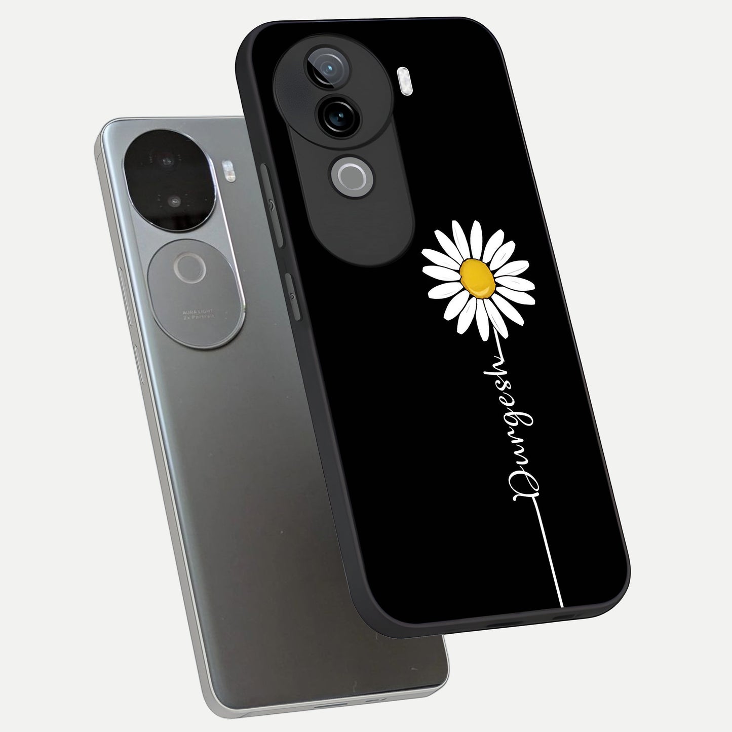  Custom Name White Flower phone case for iQOO Z9s showing premium glass back cover with detailed artwork