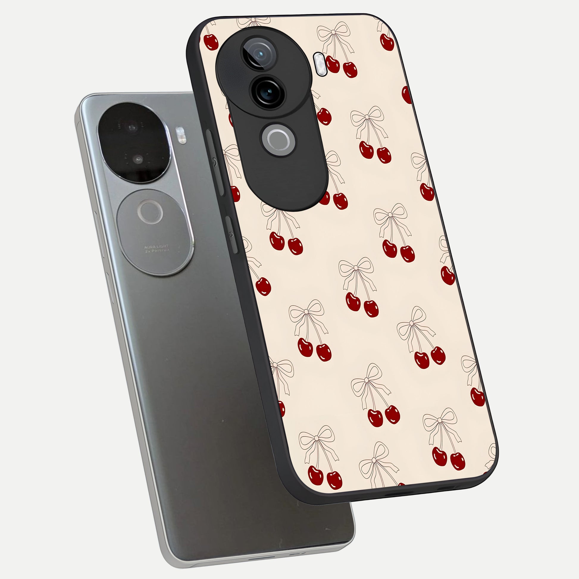  Cute Cherry Pattern phone case for iQOO Z9s showing premium glass back cover with detailed artwork