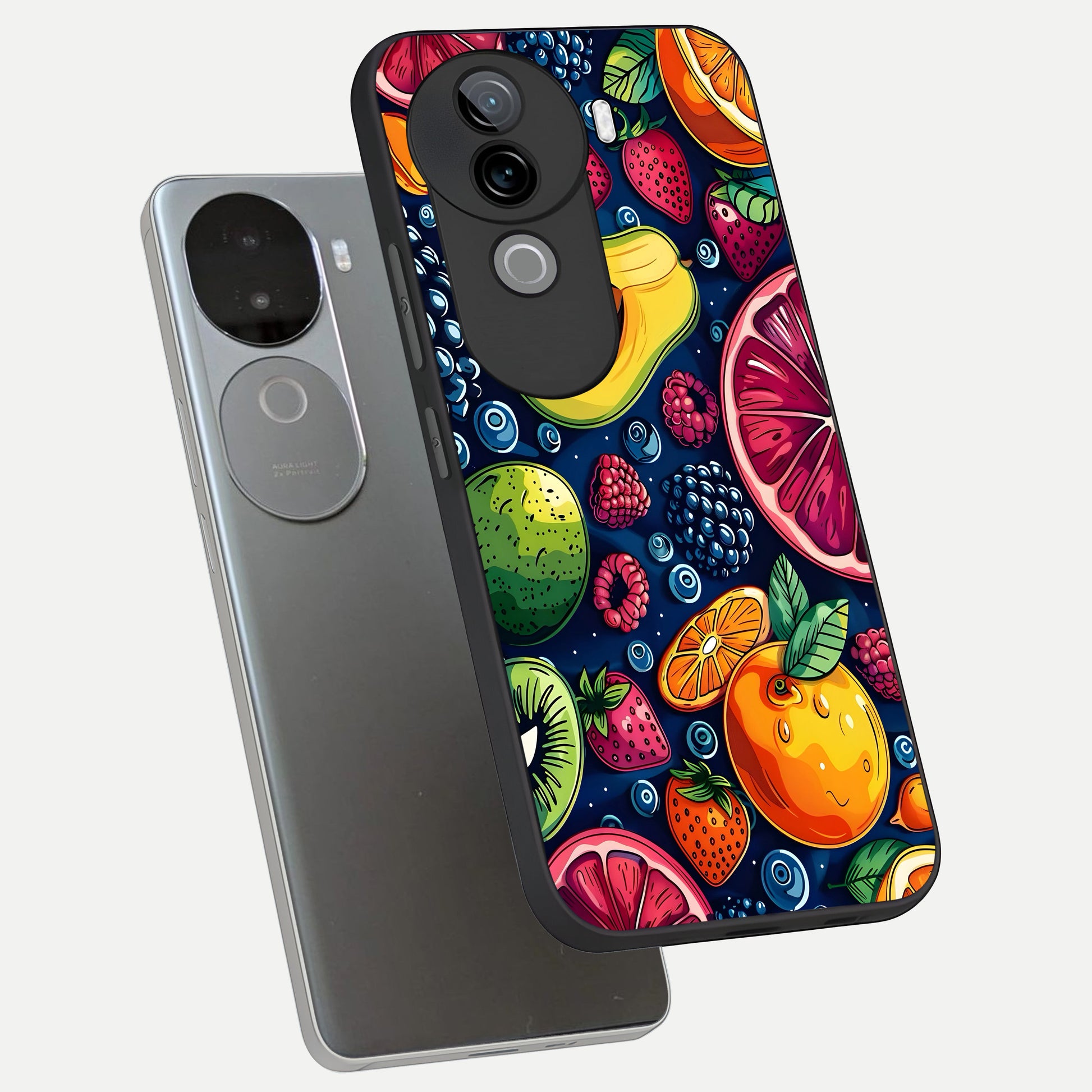 Cute Fruits Art phone case for iQOO Z9s showing premium glass back cover with detailed artwork