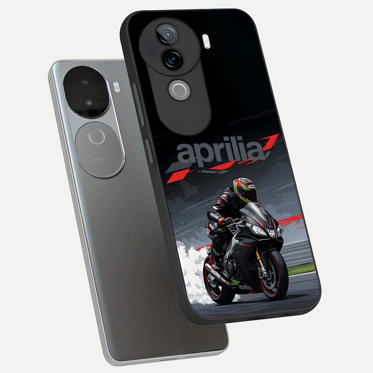  Dark Aprilla phone case for iQOO Z9s showing premium glass back cover with detailed artwork
