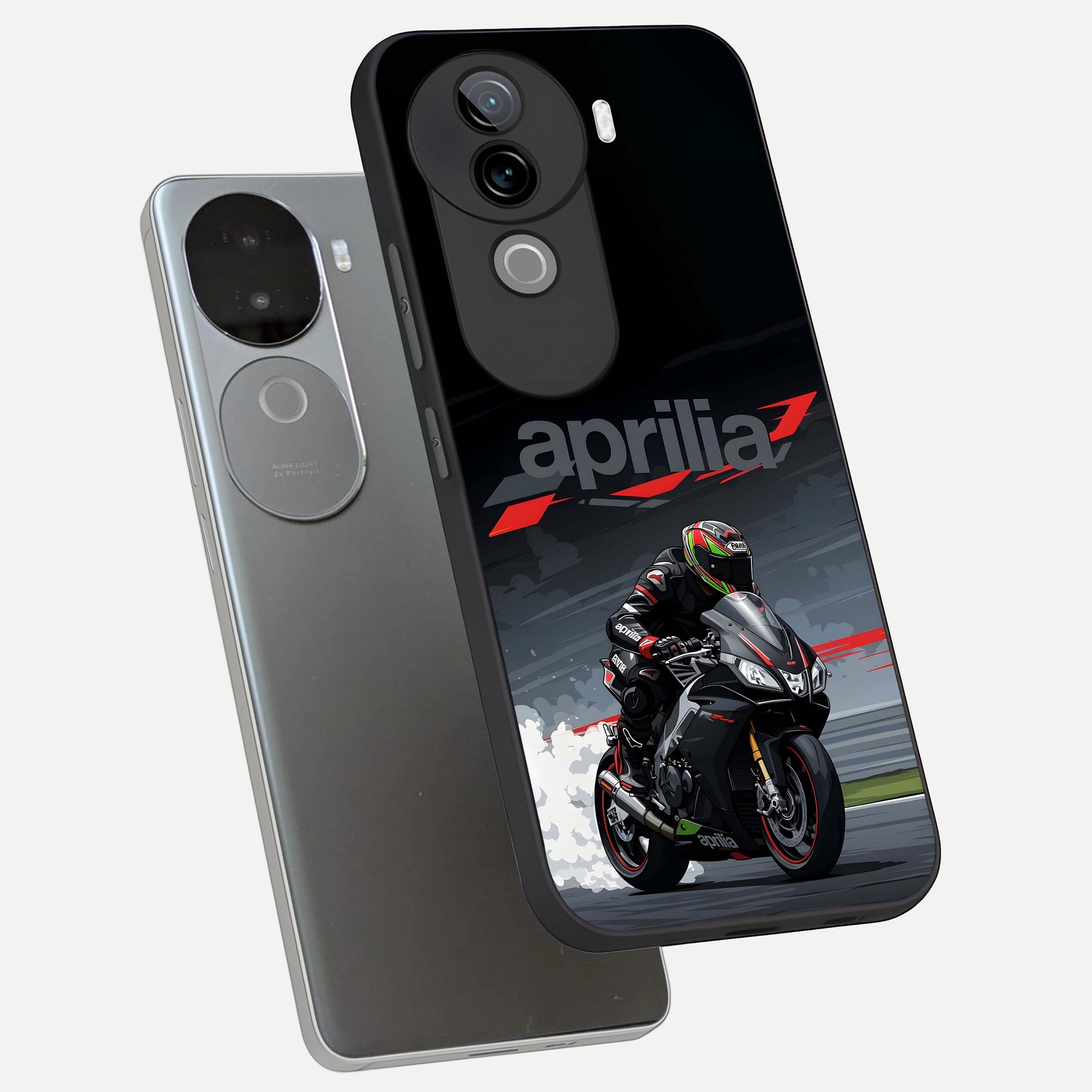  Dark Aprilla phone case for iQOO Z9s showing premium glass back cover with detailed artwork