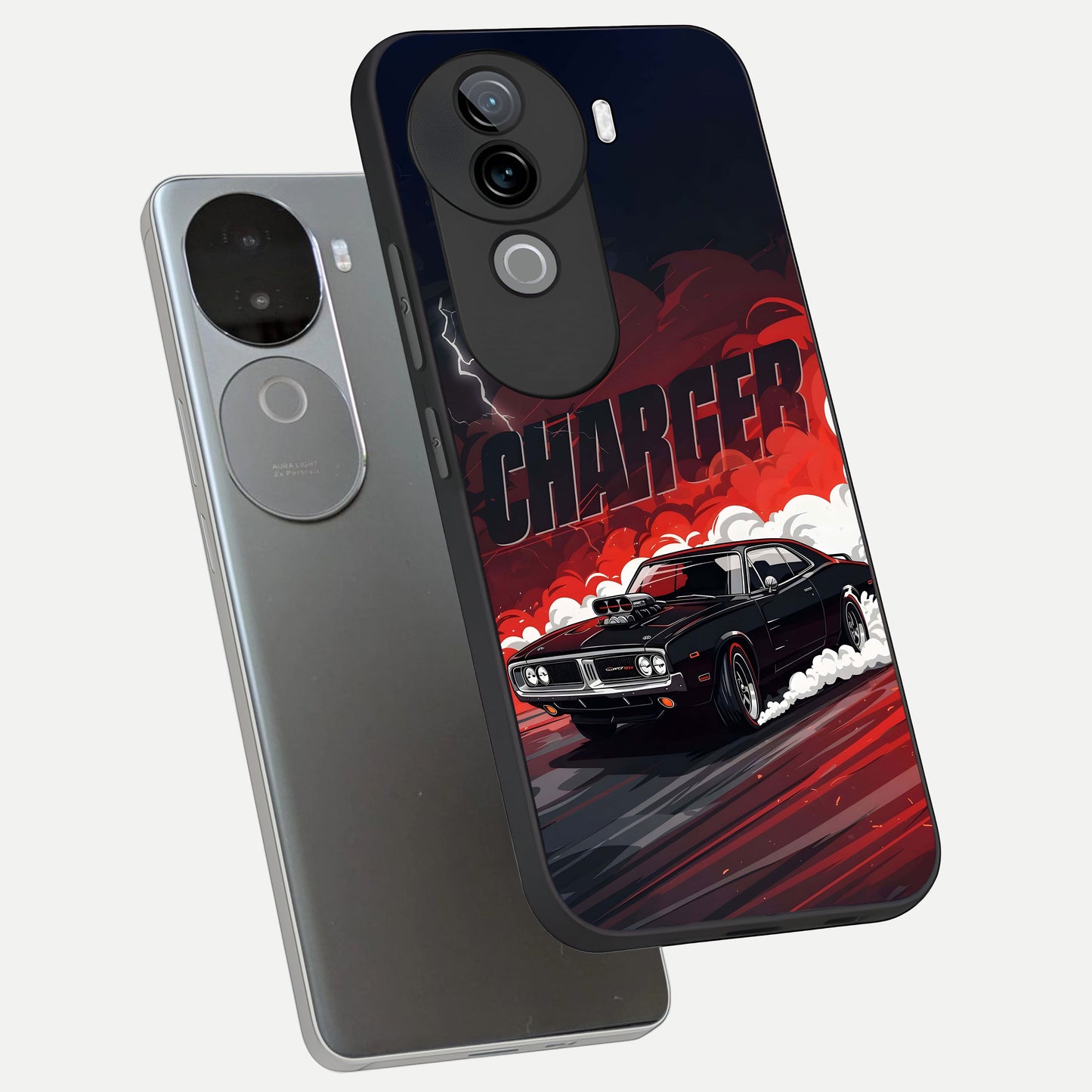  Dark Charger Fury phone case for iQOO Z9s showing premium glass back cover with detailed artwork