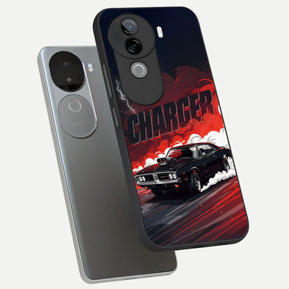  Dark Charger Fury phone case for iQOO Z9s showing premium glass back cover with detailed artwork