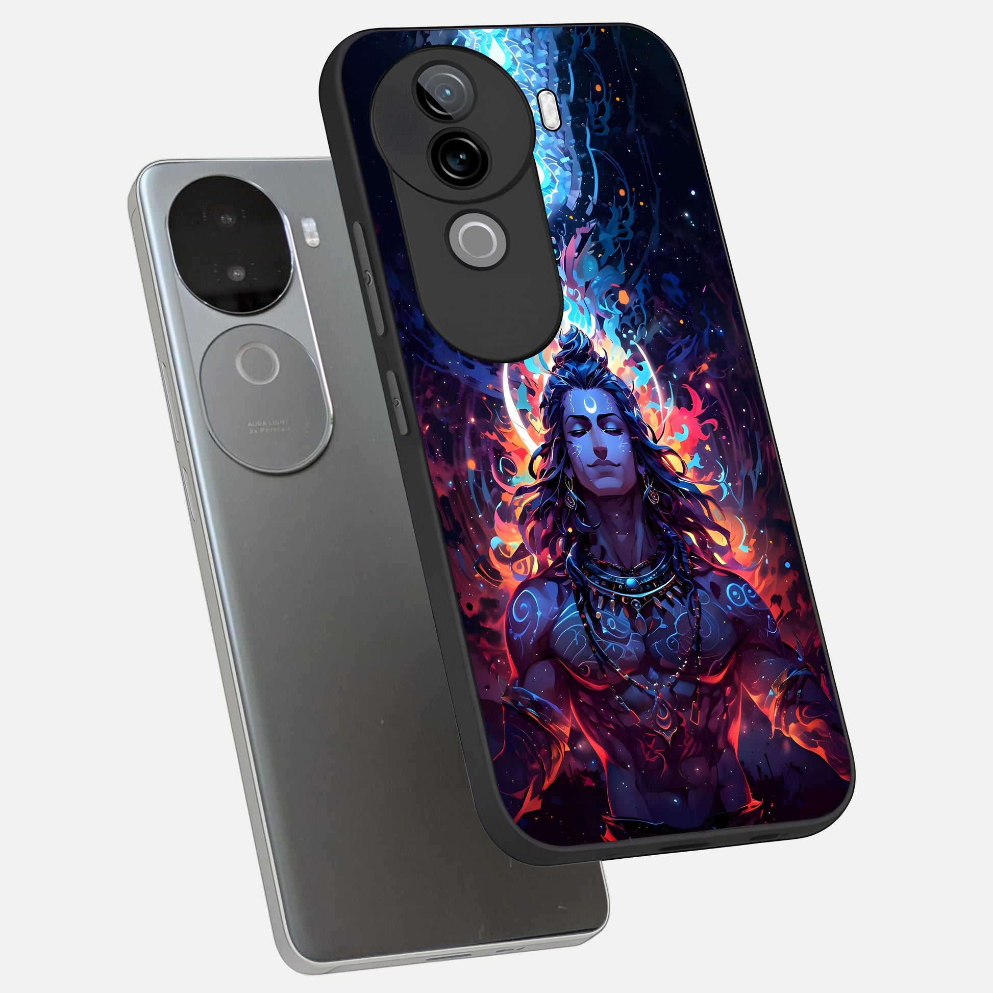  Divine Fire Shiv phone case for iQOO Z9s showing premium glass back cover with detailed artwork