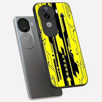  Electric Pulse CYBERPUNK Custom Name phone case for iQOO Z9s showing premium glass back cover with detailed artwork