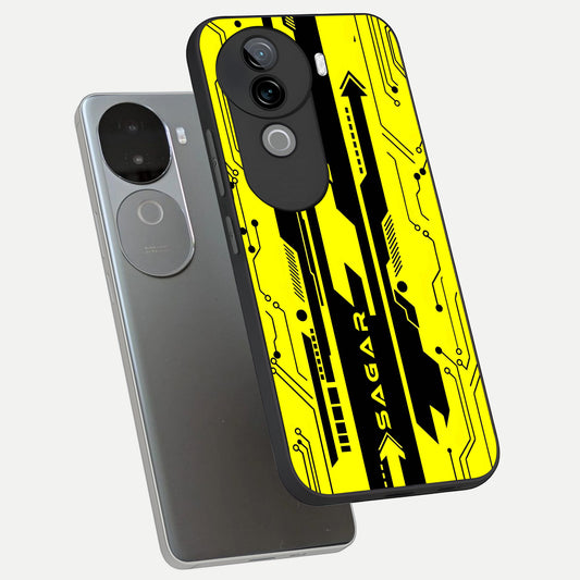  Electric Pulse CYBERPUNK Custom Name phone case for iQOO Z9s showing premium glass back cover with detailed artwork