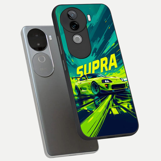  Electric Supra Thunder phone case for iQOO Z9s showing premium glass back cover with detailed artwork