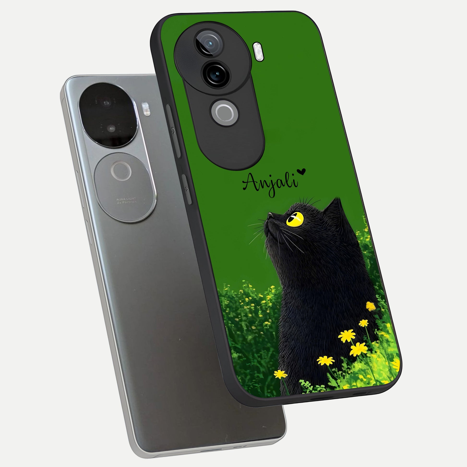  Emerald Cat Custom Name phone case for iQOO Z9s showing premium glass back cover with detailed artwork