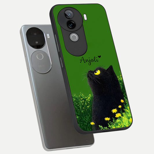  Emerald Cat Custom Name phone case for iQOO Z9s showing premium glass back cover with detailed artwork