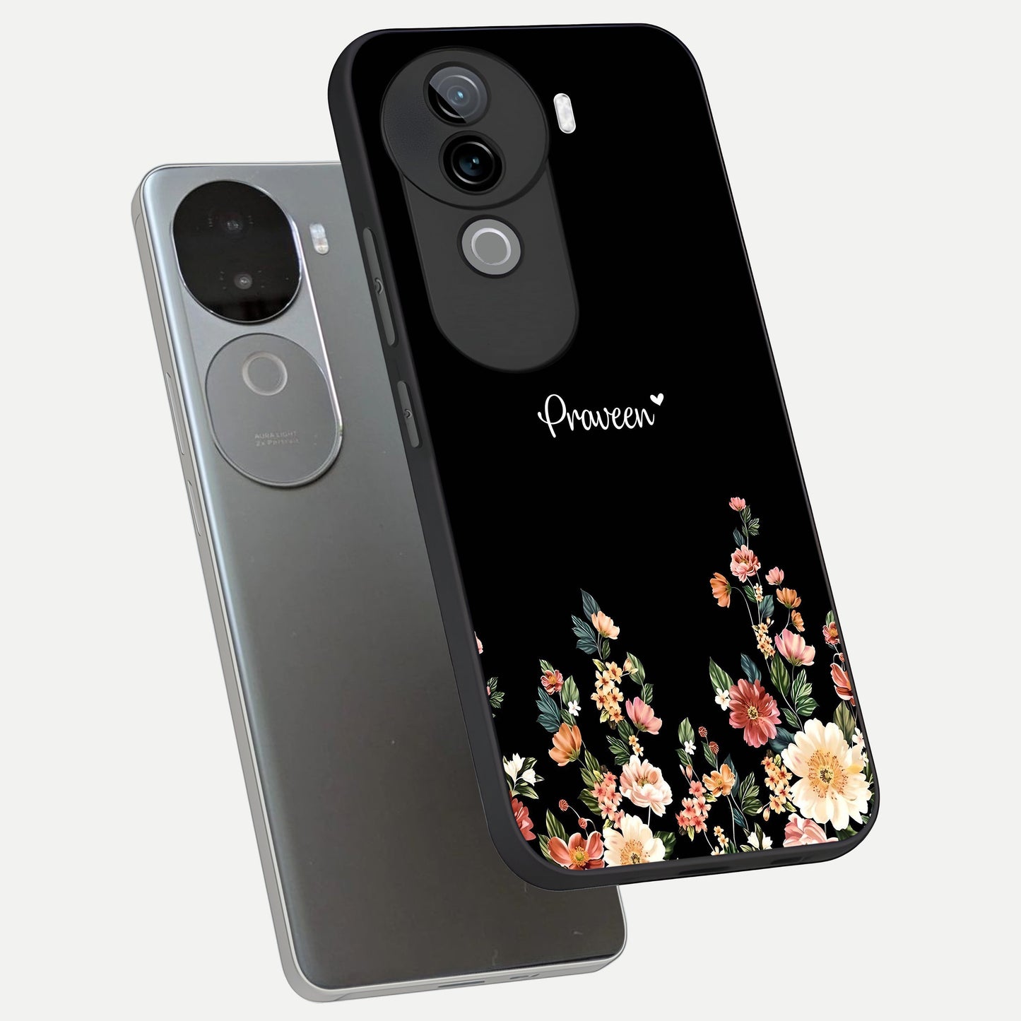  Floral Design Personalized Custom Name phone case for iQOO Z9s showing premium glass back cover with detailed artwork