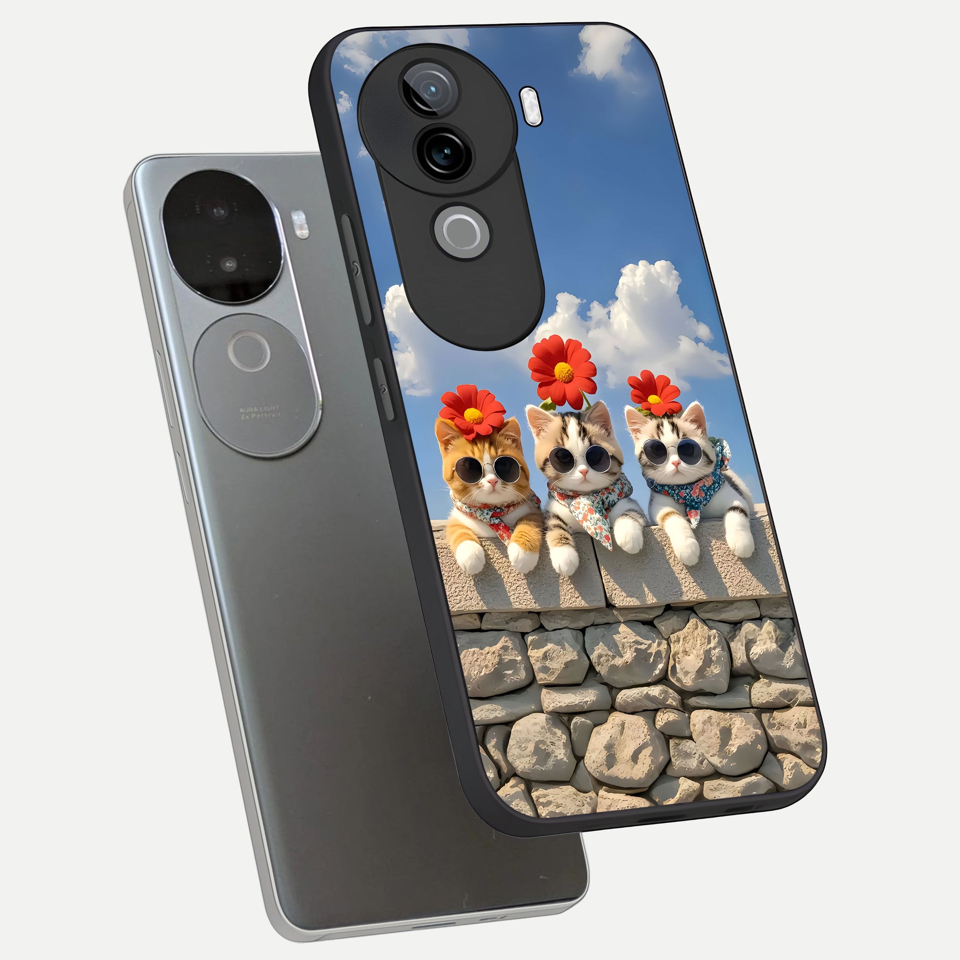  Floral Kitty Squad phone case for iQOO Z9s showing premium glass back cover with detailed artwork
