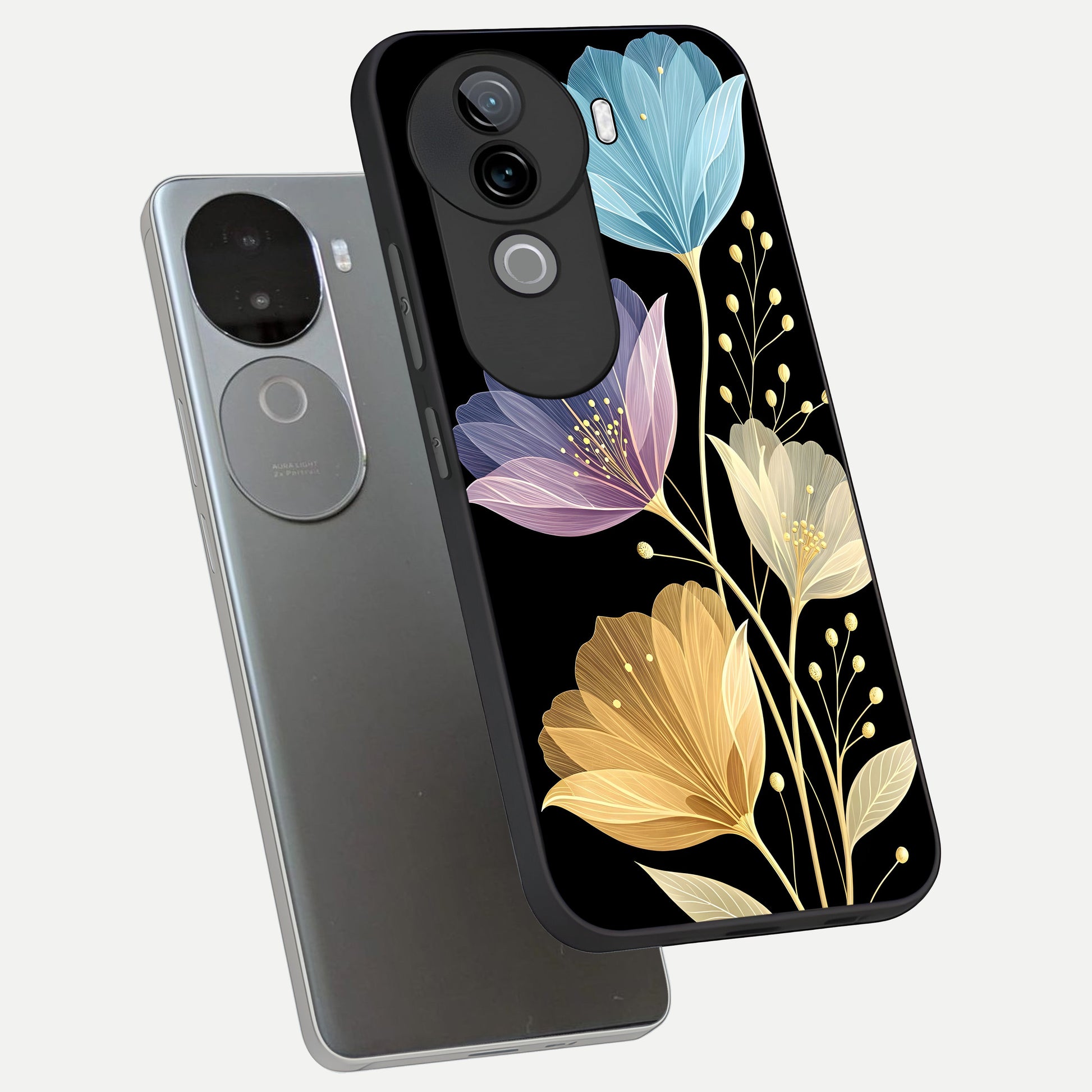  Flower Bloom Glow phone case for iQOO Z9s showing premium glass back cover with detailed artwork