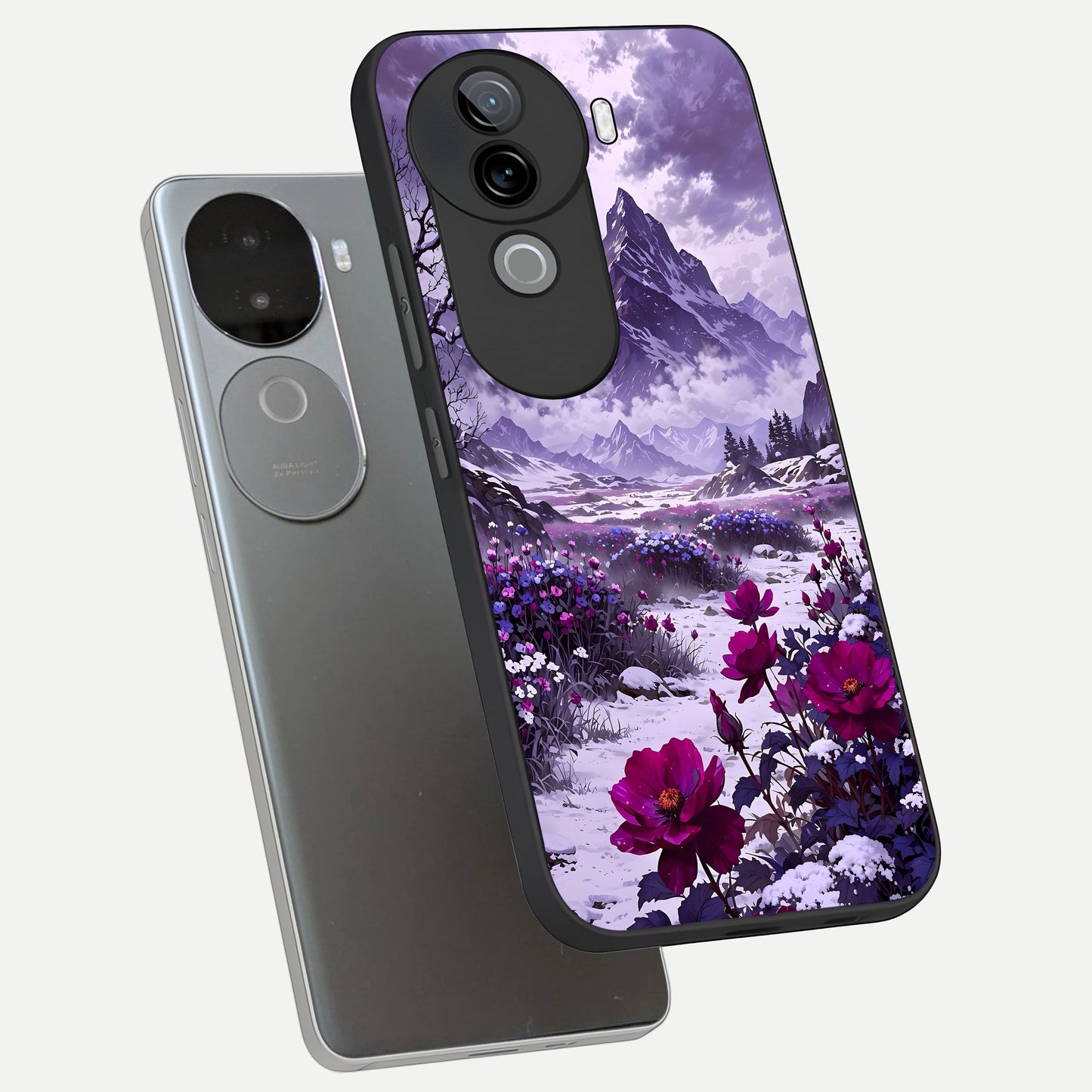  Flower Mountain View phone case for iQOO Z9s showing premium glass back cover with detailed artwork