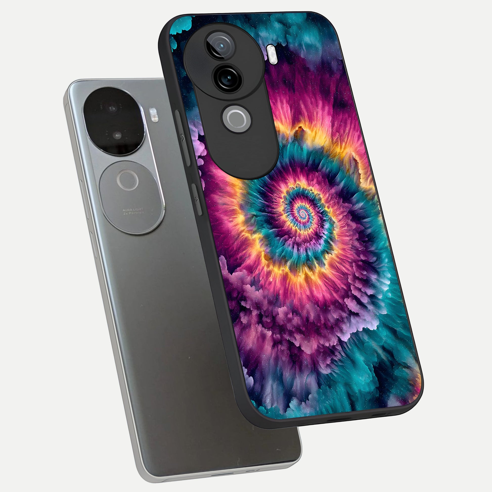  Galactic Spiral Burst phone case for iQOO Z9s showing premium glass back cover with detailed artwork