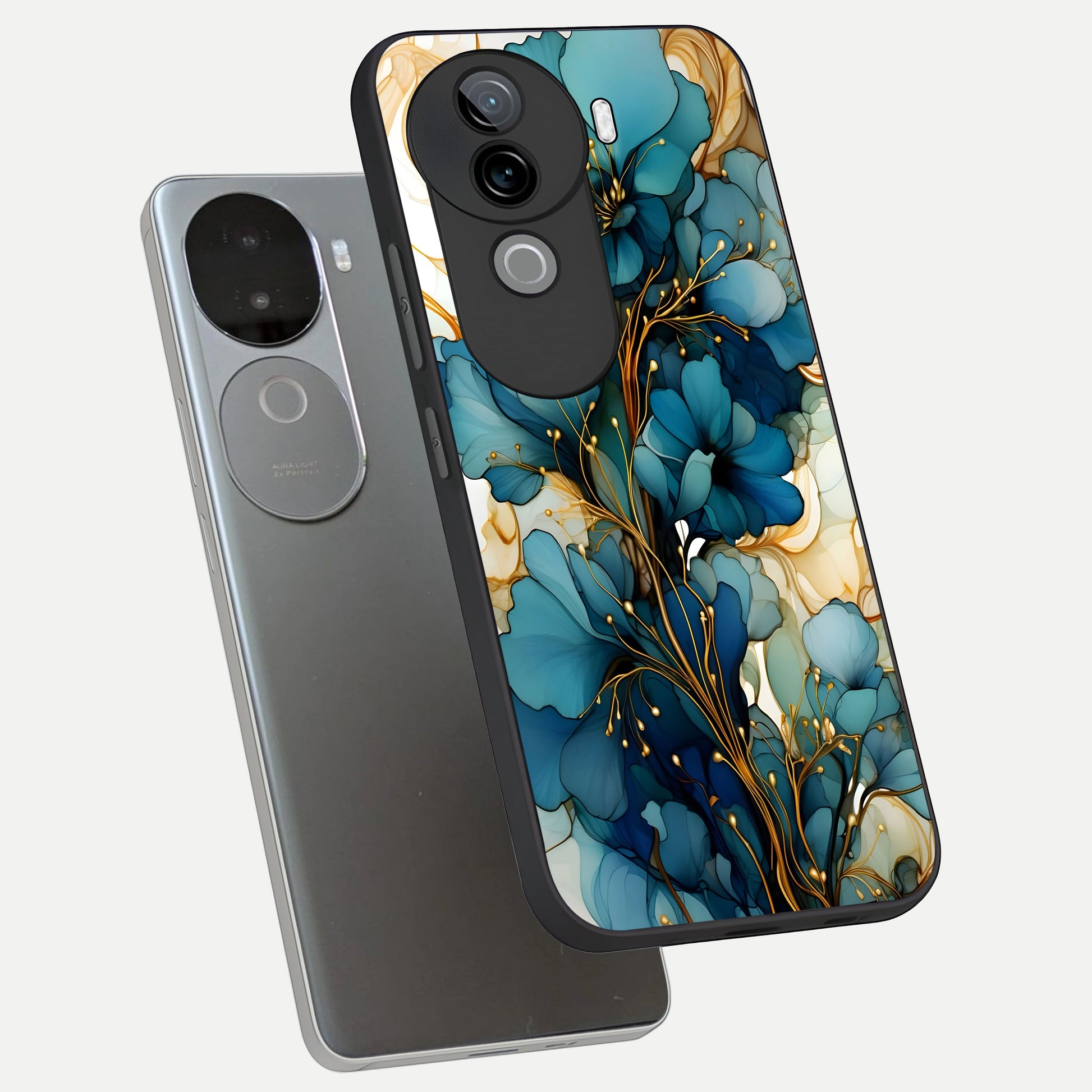  Golden Bloom Symphony phone case for iQOO Z9s showing premium glass back cover with detailed artwork