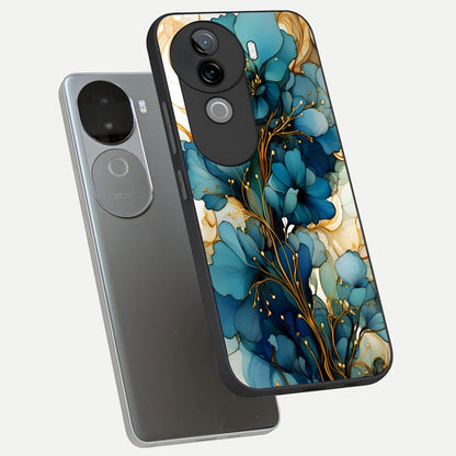  Golden Bloom Symphony phone case for iQOO Z9s showing premium glass back cover with detailed artwork