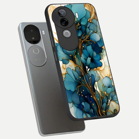  Golden Bloom Symphony phone case for iQOO Z9s showing premium glass back cover with detailed artwork