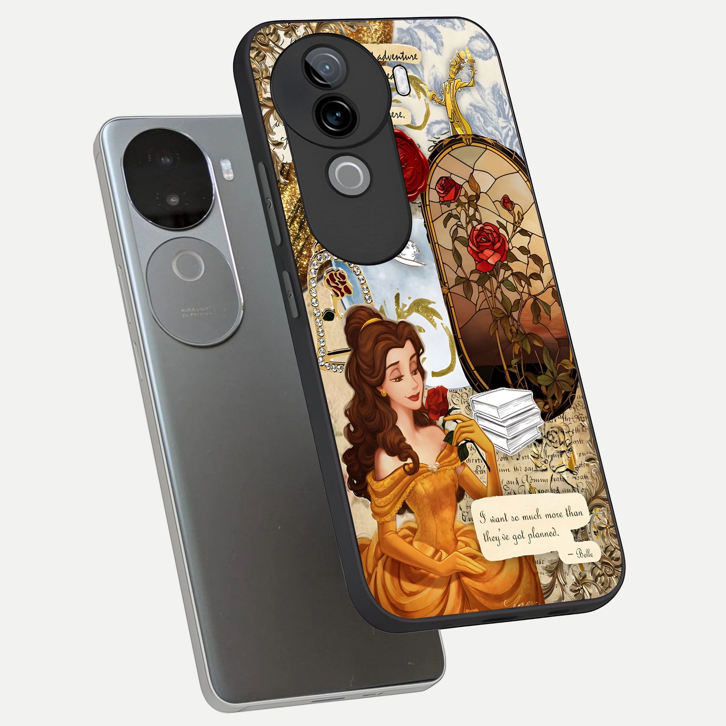  Golden Dream Belle phone case for iQOO Z9s showing premium glass back cover with detailed artwork