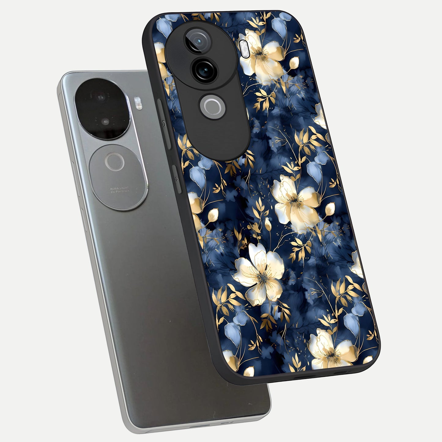  Golden Midnight Bloom phone case for iQOO Z9s showing premium glass back cover with detailed artwork