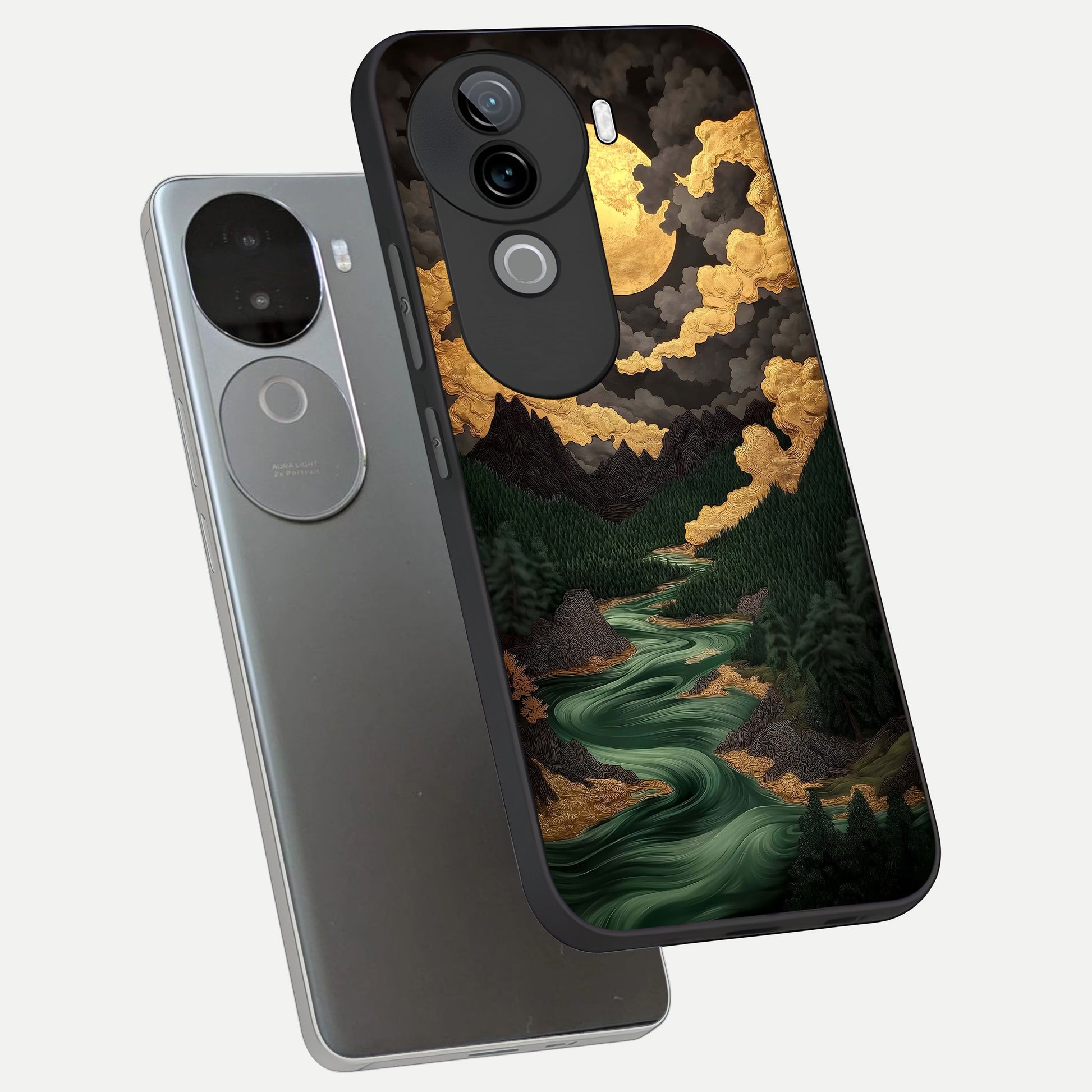  Golden River Moon phone case for iQOO Z9s showing premium glass back cover with detailed artwork